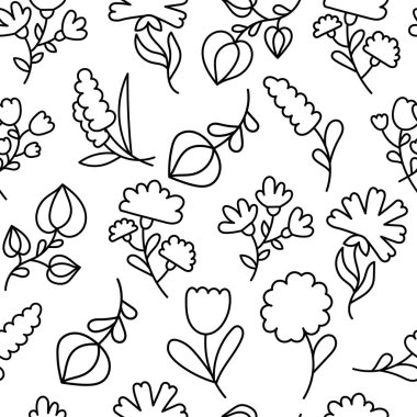 Yapraklı bahar çiçekleri. Kusursuz desen. Boyama sayfası. Botanik yaprağı. El çizimi stili. Vektör çizimi. Tasarım süslemeleri.