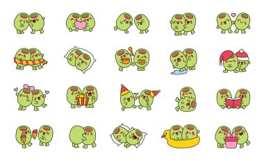 Mutlu zeytinler arkadaşlar. Sebze sarılıp yan yana oturuyoruz. El çizimi stili. Vektör çizimi. Tasarım elementlerinin koleksiyonu.