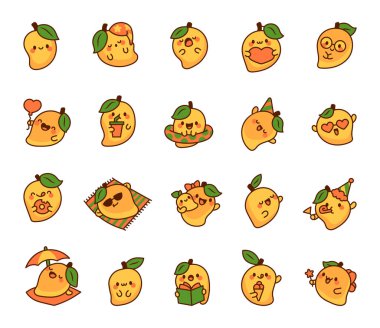Komik suratlı tatlı kawaii mangosu. Çizgi film karakteri. El çizimi stili. Vektör çizimi. Tasarım elementlerinin koleksiyonu.