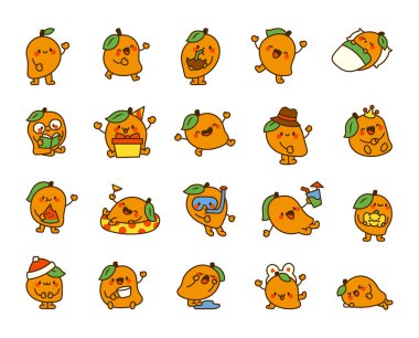 Mango karakteri. Komik meyve kahramanı. El çizimi stili. Vektör çizimi. Tasarım elementlerinin koleksiyonu.