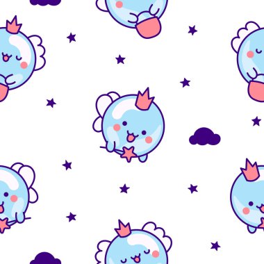 Şirin kawaii sabun köpüğü karakteri. Kusursuz desen. Çember şeklinde yüzlü çocuk banyo maskotu. El çizimi stili. Vektör çizimi. Tasarım süslemeleri.