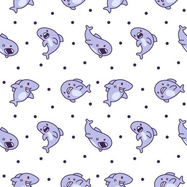 Funny kawaii ocean shark. Seamless pattern. Smiling jaws and comic marine animals character. Hand drawn style. Vector drawing. Design ornaments. clipart