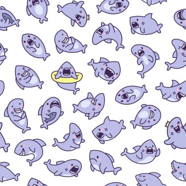 Komik kawaii okyanus köpekbalığı. Kusursuz desen. Gülümseyen çeneler ve komik deniz hayvanları karakteri. El çizimi stili. Vektör çizimi. Tasarım süslemeleri.