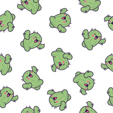 Komik kaktüs. Kusursuz desen. Sevimli gülümseyen çizgi film karakterleri. El çizimi stili. Vektör çizimi. Tasarım süslemeleri.