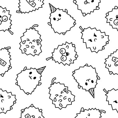 Sevimli mutlu Durian karakter simgesi. Kusursuz desen. Boyama sayfası. Kawaii çizgi film meyvesi. El çizimi stili. Vektör çizimi. Tasarım süslemeleri.