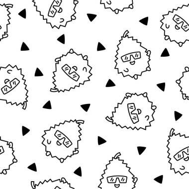 Sevimli mutlu Durian karakter simgesi. Kusursuz desen. Boyama sayfası. Kawaii çizgi film meyvesi. El çizimi stili. Vektör çizimi. Tasarım süslemeleri.