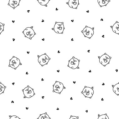 Şirin kawaii küçük domuz. Kusursuz desen. Boyama sayfası. Güzel bir çizgi film karakteri gibi gülümsüyor. El çizimi stili. Vektör çizimi. Tasarım süslemeleri.