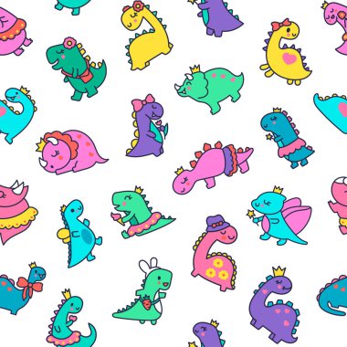 Komik şirin kızlar dinozorlar. Kusursuz desen. Kawaii bebek dino prenses karakteri. El çizimi stili. Vektör çizimi. Tasarım süslemeleri.
