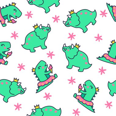 Komik şirin kızlar dinozorlar. Kusursuz desen. Kawaii bebek dino prenses karakteri. El çizimi stili. Vektör çizimi. Tasarım süslemeleri.