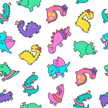 Komik şirin kızlar dinozorlar. Kusursuz desen. Kawaii bebek dino prenses karakteri. El çizimi stili. Vektör çizimi. Tasarım süslemeleri.