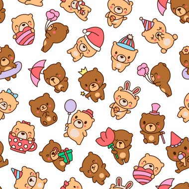 Şirin kawaii oyuncak ayısı. Kusursuz desen. Çizgi film komik hayvan karakteri. El çizimi stili. Vektör çizimi. Tasarım süslemeleri.