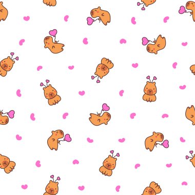 Kawaii mutlu Capybara. Kusursuz desen. Sevimli çizgi film komik hayvan karakteri. El çizimi stili. Vektör çizimi. Tasarım süslemeleri.