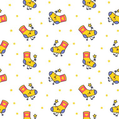 Şirin, mutlu çorap çizgi film karakteri. Kusursuz desen. Moda yün iç çamaşırı, tekstil aksesuarları. El çizimi stili. Vektör çizimi. Tasarım süslemeleri.