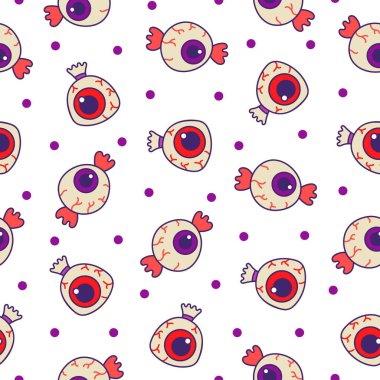 Şeker Cadılar Bayramı şekerlemeleri. Kusursuz desen. Komik yemek. Karamelli çizgi film emicileri. El çizimi stili. Vektör çizimi. Tasarım süslemeleri.