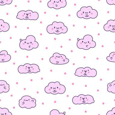 Şirin ve kawaii bulutu. Kusursuz desen. Çizgi film hava karakteri. El çizimi stili. Vektör çizimi. Tasarım süslemeleri.