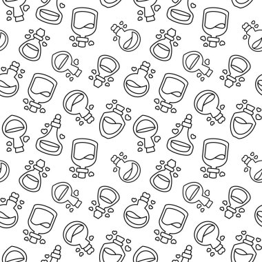 Aşk iksiri. Kusursuz desen. Boyama sayfası. Kalbi olan durdurulmuş cam ampul. Afrodizyak şişesi. Sevgililer Günü. El çizimi stili. Vektör çizimi. Tasarım süslemeleri.