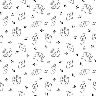 Komik yüzlü Kawaii havucu. Kusursuz desen. Boyama sayfası. Sevimli çizgi film mutlu yemek karakterleri. El çizimi stili. Vektör çizimi. Tasarım süslemeleri.