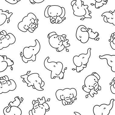 Şirin kawaii fili. Kusursuz desen. Boyama sayfası. Çizgi film karakterleri. El çizimi stili. Vektör çizimi. Tasarım süslemeleri.