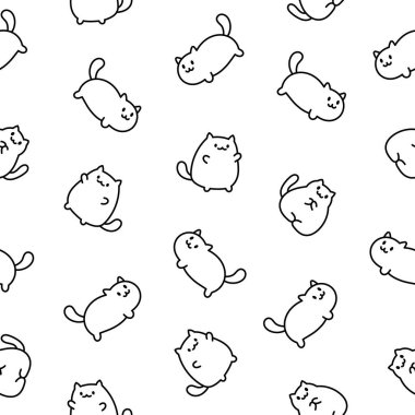 Şirin kawaii kedisi. Kusursuz desen. Boyama sayfası. Çizgi film kedisi, hayvan karakteri. El çizimi stili. Vektör çizimi. Tasarım süslemeleri.