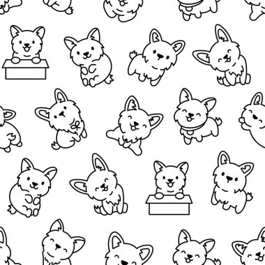 Cute kawaii corgi dog. Seamless pattern. Coloring Page. Funny puppy cartoon animal characters. Hand drawn style. Vector drawing. Design ornaments. clipart