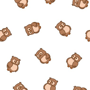 Çizgi film mutlu baykuş karakterleri. Kusursuz desen. Şirin kawaii orman kuşları. El çizimi stili. Vektör çizimi. Tasarım süslemeleri.