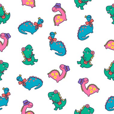 Komik şirin kızlar dinozorlar. Kusursuz desen. Kawaii bebek dino prenses karakteri. El çizimi stili. Vektör çizimi. Tasarım süslemeleri.