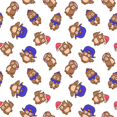 Çizgi film mutlu baykuş karakterleri. Kusursuz desen. Şirin kawaii orman kuşları. El çizimi stili. Vektör çizimi. Tasarım süslemeleri.