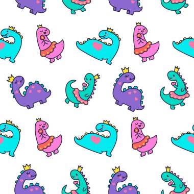 Komik şirin kızlar dinozorlar. Kusursuz desen. Kawaii bebek dino prenses karakteri. El çizimi stili. Vektör çizimi. Tasarım süslemeleri.