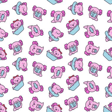 Şirin kawaii bebek axolotl. Kusursuz desen. Çizgi film komik hayvan karakteri. El çizimi stili. Vektör çizimi. Tasarım süslemeleri.