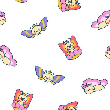 Sevimli Kawaii bebek kelebekleri. Kusursuz desen. Kanatlı sevimli çizgi film böcekleri. El çizimi stili. Vektör çizimi. Tasarım süslemeleri.