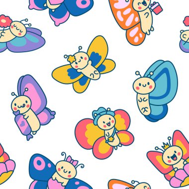 Sevimli Kawaii bebek kelebekleri. Kusursuz desen. Kanatlı sevimli çizgi film böcekleri. El çizimi stili. Vektör çizimi. Tasarım süslemeleri.