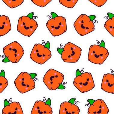 Şirin kawaii Cadılar Bayramı kabağı. Kusursuz desen. Tatil çizgi film karakteri. Canavarların yüzleri. El çizimi stili. Vektör çizimi. Tasarım süslemeleri.