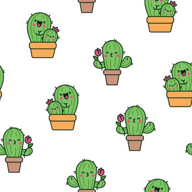 Şirin kawaii kaktüsü. Kusursuz desen. Mutlu yüzlü komik sulu bitki. El çizimi stili. Vektör çizimi. Tasarım süslemeleri.