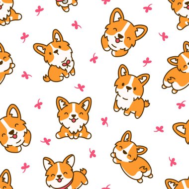 Şirin kawaii corgi sosisi. Kusursuz desen. Komik köpek yavrusu hayvan karakterleri. El çizimi stili. Vektör çizimi. Tasarım süslemeleri.