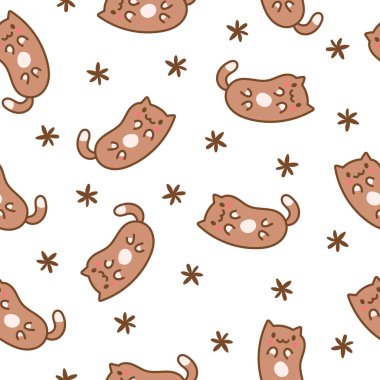 Şirin kawaii kedisi. Kusursuz desen. Çizgi film kedisi, hayvan karakteri. El çizimi stili. Vektör çizimi. Tasarım süslemeleri.