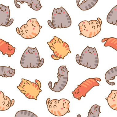 Şirin kawaii kedisi. Kusursuz desen. Çizgi film kedisi, hayvan karakteri. El çizimi stili. Vektör çizimi. Tasarım süslemeleri.