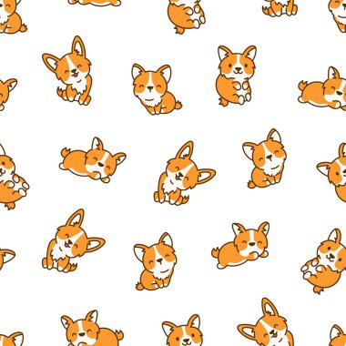 Şirin kawaii corgi sosisi. Kusursuz desen. Komik köpek yavrusu hayvan karakterleri. El çizimi stili. Vektör çizimi. Tasarım süslemeleri.