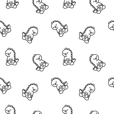 Şirin gülümseyen kawaii dinozoru. Kusursuz desen. Boyama sayfası. Çizgi film komik dino karakterleri. El çizimi stili. Vektör çizimi. Tasarım süslemeleri.