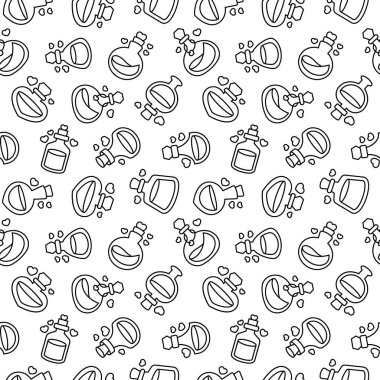 Aşk iksiri. Kusursuz desen. Boyama sayfası. Kalbi olan durdurulmuş cam ampul. Afrodizyak şişesi. Sevgililer Günü. El çizimi stili. Vektör çizimi. Tasarım süslemeleri.