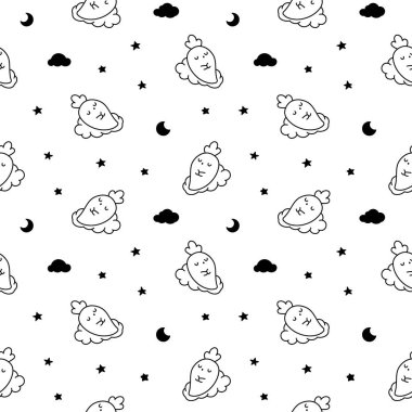 Komik yüzlü Kawaii havucu. Kusursuz desen. Boyama sayfası. Sevimli çizgi film mutlu yemek karakterleri. El çizimi stili. Vektör çizimi. Tasarım süslemeleri.