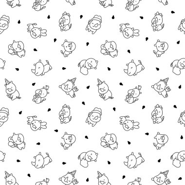 Tatlı kawaii gergedanı. Kusursuz desen. Boyama sayfası. Çizgi film gergedanları. Hayvan karakteri. El çizimi stili. Vektör çizimi. Tasarım süslemeleri.