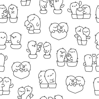 Kawaii kaktüsü kucaklaması. Kusursuz desen. Boyama sayfası. Sevimli çizgi film kaktüsü çifti aşık. Saksıdaki komik bitki karakterleri. El çizimi stili. Vektör çizimi. Tasarım süslemeleri.