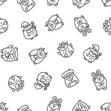 Şirin kawaii baykuşu. Kusursuz desen. Boyama sayfası. Çizgi film komik vahşi hayvan karakteri. El çizimi stili. Vektör çizimi. Tasarım süslemeleri.