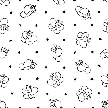 Gülümseyen kawaii kelebeği. Kusursuz desen. Boyama sayfası. Tatlı çizgi film komik böcekler. El çizimi stili. Vektör çizimi. Tasarım süslemeleri.