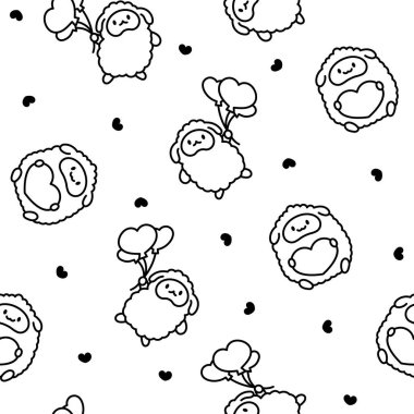 Şirin kawaii küçük koyunu. Kusursuz desen. Boyama sayfası. Gülümseyen güzel bir hayvan karakteri. El çizimi stili. Vektör çizimi. Tasarım süslemeleri.