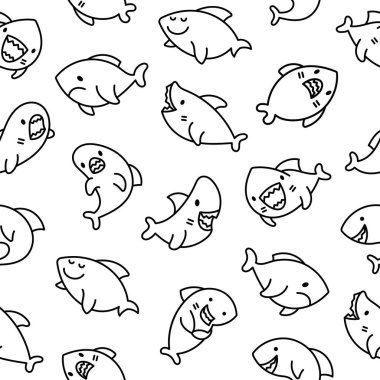 Funny kawaii ocean shark. Seamless pattern. Coloring Page. Smiling jaws and comic marine animals character. Hand drawn style. Vector drawing. Design ornaments. clipart