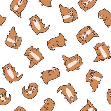 Tatlı çizgi film kawaii su samuru. Kusursuz desen. Hayvani komik karakterler. El çizimi stili. Vektör çizimi. Tasarım süslemeleri.