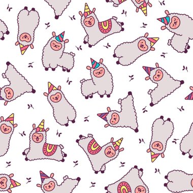 Şirin kawaii küçük lama. Kusursuz desen. Çizgi film komik alpaka, hayvan karakteri. El çizimi stili. Vektör çizimi. Tasarım süslemeleri.