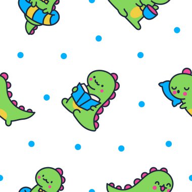 Şirin gülümseyen kawaii dinozoru. Kusursuz desen. Çizgi film komik dino karakterleri. El çizimi stili. Vektör çizimi. Tasarım süslemeleri.