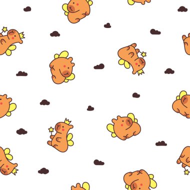 Kawaii mutlu Capybara. Kusursuz desen. Sevimli çizgi film komik hayvan karakteri. El çizimi stili. Vektör çizimi. Tasarım süslemeleri.